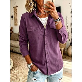 Women's Vintage Faux Suede Button Down Shirt Patchwork Long Sleeve Shirt Collar Regular Tops Casual Black Purple Brown Spring, Fall, Winter, Summer