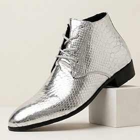 Men's Silver Lace-Up Ankle Boots, Pointed Toe Textured Modern Style, Bold Dress Boots for Fashion-Forward Men, Proms, Parties and Performances