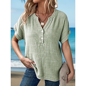 Women's Vintage Washed Cotton Shirt Texture Short Sleeve Batwing Sleeve V Neck Casual Black Pink Royal Blue Emerald Green khaki Summer Spring