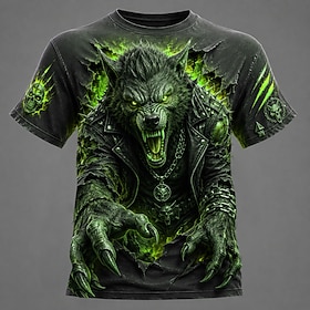 Halloween Men's Werewolf T Shirt Short Sleeve T shirt 3D Print Crew Neck Shirt Dark Casual Daily Street Blue Red Green Summer Spring Clothing Apparel S M L XL