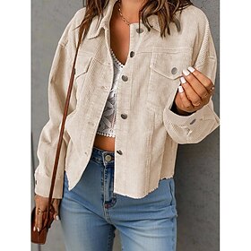 Women's Shirt Jacket Casual Jacket Comfortable Pocket Corduroy Fashion Casual Plain Casual Regular Lapel Loose Fit Long Sleeve Outerwear Black Light Green Ligh