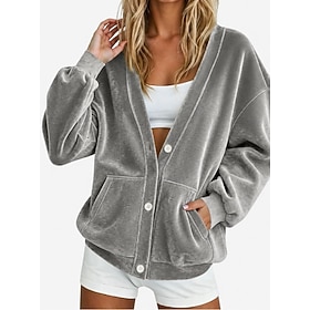 Women's Casual Jacket Windproof Warm Buttons Daily Comfortable Street Style Plain Casual Regular V Neck Loose Fit Long Sleeve Outerwear Blue Navy Khaki Spring