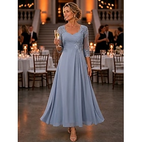 A-Line Floor Length Mother of the Bride Dress 3/4 Length Sleeve Crew Neck Elegant Vintage Casual Garden Party Formal Wedding Guest Chiffon Lace with Lace Pleat