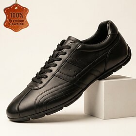 Men's Genuine Leather Black Lace-Up Sneakers, Low Top Sport Casual Walking Shoe…