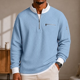 Men's Waffle T-shirt T Shirt Long Sleeve Half Zip Fall  Winter Fall Solid Color Traditional / Vintage Casual Color Block Zipper Pocket Casual Home Outdoor Ligh