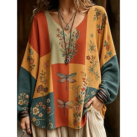 Music Festival Women's Oversized Blouse Print Floral Cat Elegant Bohemia Vintage Long Sleeve 3/4 Length Sleeve V Neck Regular Tops Casual Sports Blue White Yel