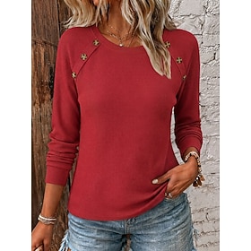 Women's Vintage Textured Waffle Sweatshirts Patchwork Buttons Long Sleeve Crew Neck Regular Tops Blue Bean Green Actual product image Black Red Fall Winter