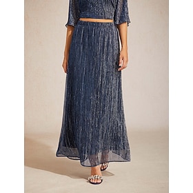 Women's Chiffon Skirt Elegant Maxi Mid Waist Skirts Pleated Shiny Metallic Stretchy Party Party Evening Wear Navy Blue Fall