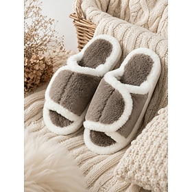 Women's Fuzzy Color Block Open‑toe Slide Slippers, Cozy Plush House Shoes with White Flurry Trim  Anti‑slip Sole Footwear for Bedroom Rest, Apartment Lounging