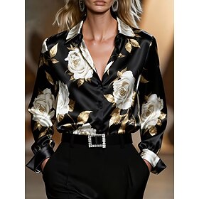 Women's Satin Shirt Satin Top Buttons Print Floral Graphic Elegant Vintage Daily Long Sleeve Shirt Collar Regular Tops Casual Daily Work Black Wine Brown Summe