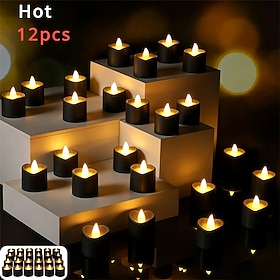 12 Pack Black LED Tea Lights Flameless Candles, Battery Operated Flickering Tealights, Gothic Halloween Decorations, Spooky Party Decor, Warm Glow Fake Candles