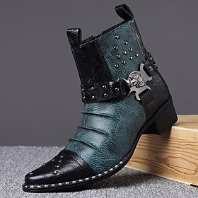 Men's Black and Green Western Ankle Boots, Studded Buckle Pointed Toe Style, Bold Fashion Boots for Trendsetters, Clubs, Performances and Special Events