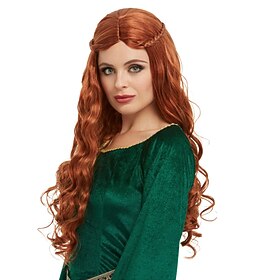 Women's Auburn Red Long Wavy Wig with Braided Crown – Medieval Princess Fantasy Cosplay Halloween Costume Wig