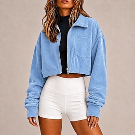 Women's Shirt Jacket Corduroy Jacket Comfortable Pocket Vintage Sports Fashion Plain Casual Short Lapel Regular Fit Long Sleeve Outerwear Blue Black Navy Blue