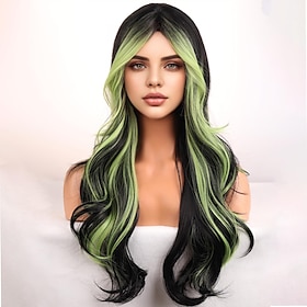 Black Green Highlight Long Wavy Wig Middle Part Gothic Witch Halloween Costume Wig
