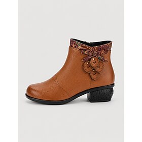 Women's Vintage Light Brown Floral Printed Leather Ankle Boots, Side Zip Low Heel Booties with Bowknot Charm for Casual Commute, Travel Countryside Strolls