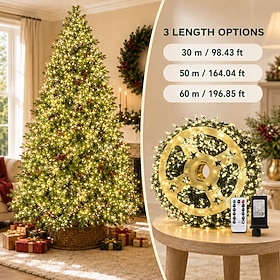 LED Christmas Lights with Storage Reel  Remote, LED High Density Fairy String Lights, 98ft/164ft/196ft Waterproof Outdoor Decor for Tree Garden Wedding Party,
