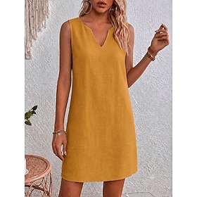 Women's Mini Dress Cotton Linen Dresses Shift Dress Sundress Casual Dress Basic Casual Regular Fit Solid Color Sleeveless V Neck Split Neck Blue Yellow Summer