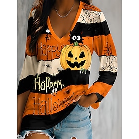 Halloween Women's T Shirt Print Graphic Leopard Skull Vintage Fashion Stylish Long Sleeve V Neck Regular Tops Casual Daily YellowOrange WhiteOrange OrangeGray