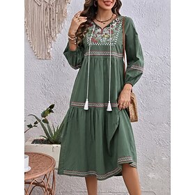 Women's Midi Dress Cotton Dress Long Sleeve Boho Dress Bohemia Vacation Tropical Loose Fit Floral Long Sleeve V Neck Green Summer Spring Fall