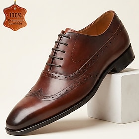 Men's Genuine Leather Brown Brogue Oxford Dress Shoes, Wingtip Classic Formal Style for Business Men, Weddings, Banquets and Evening Wear