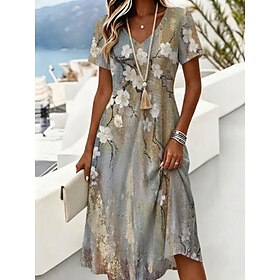 Femmes Robe Longueur Genou Robe T-Shirt Robe trapèze Vacances Occasionnel Boho Plage Coupe régulière Fleuri Graphique Manche Courte Col en V Rose Claire Violet