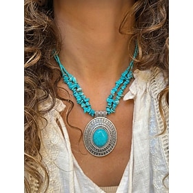 Women's Boho Round Pendant Necklace, Alloy Turquoise Beaded Statement Necklace, Blue and Brown Vintage Style Jewelry for Beach Vacation, Festival, Party, Trav
