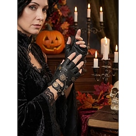 Women's Steampunk Leather Gloves with Gear Chain Decoration, Black Gothic Finger Gloves for Women, Vintage Punk Style Costume Accessories for Halloween Party,