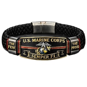 U.S. Marine Corps Semper Fi Bracelet for Men, Braided Leather Veteran Wristband with Metal Emblem, Adjustable 7–9.5 Inch, Military Appreciation Gift for Marine
