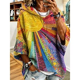 Women's Pullover Hoodie Sweatshirt Print Floral Graphic Casual 3/4 Length Sleeve Hooded Regular Tops Casual Street Dailywear Orange Spring Fall