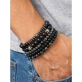Men's Matte Black Stone  Hematite Beaded Bracelet Set, Stretch Boho Stacked Bracelets for Casual Wear, Beach, Vacation, Travel, Festival, Party and Everyday St