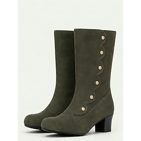 Women's Dark Green Suede Vintage Boots - Medieval Victorian Scalloped Button Detailing Chunky Mid Heel Mid-Calf Boots for Renaissance Fairs, Cosplay