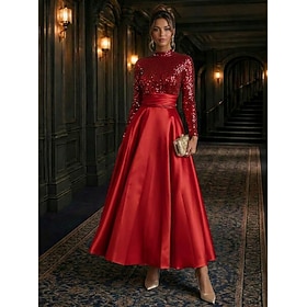 A-Line Ankle Length Cocktail Dresses Elegant Glittering Mother Of The Bride Long Sleeve High Neck Wedding Formal Pocket Satin Sequined with Glitter Pleats Soli