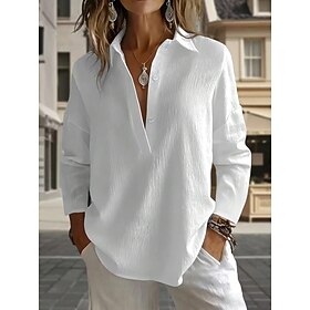 Women's Shirt Solid Color Vintage Stylish Modern Long Sleeve V Neck Regular Tops Casual Daily Holiday White Yellow Pink Green Summer Spring Fall