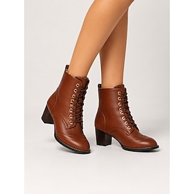 Women's Brown Leather Lace Up Ankle Boots with Block Heel, Vintage Brogue Detail Combat Style Boots for Fall Casual Outfits, Workwear and Everyday Street Fashi