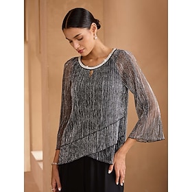Women's Blouse Chiffon Tops Sequins Pleated Glitter Elegant Long Sleeve Bell Sleeve Crew Neck Regular Tops Evening Party Wedding Guest Cocktail Attire Silver S