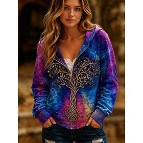 Women's Zip Up Hoodies Zipper Print Graphic Geometric Fashion Streetwear Casual Long Sleeve Hooded Regular Tops Casual Dailywear Blue claret Purple Green Sprin