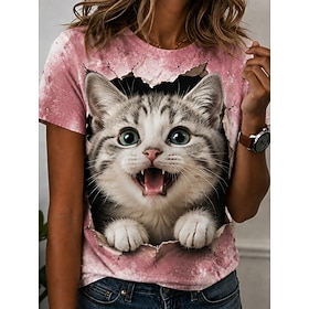 Women's T Shirt Print Graphic Animal Cat Vintage Stylish Classic Short Sleeve Crew Neck Round Neck Regular Tops Casual Daily Blue Black 1# Black Pink Summer Sp