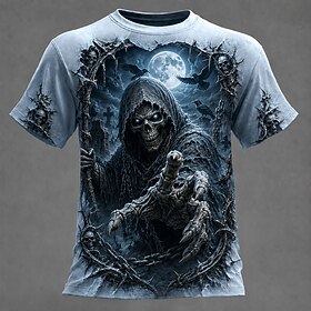Halloween Men's Optical Illusion Moon Cool Skulls T Shirt Short Sleeve T shirt 3D Print Crew Neck Shirt Exaggerated Designer Horror Club Party Street Blue Blue