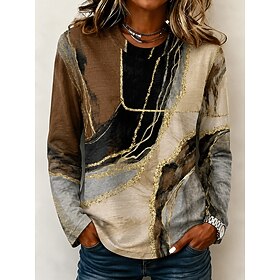 Women's T Shirt Print Graphic Abstract Fashion Stylish Classic Long Sleeve Crew Neck Regular Tops Casual Daily Weekend Orange Brown Spring Fall