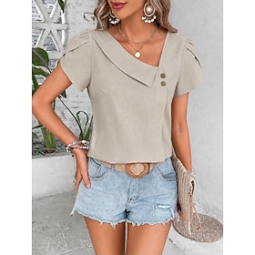 Women's Button Down Shirt Casual Shirt Solid Color Plain Bohemia Active Vacation Sleeveless Asymmetrical V Neck Regular Tops Casual Black Apricot Summer Spring