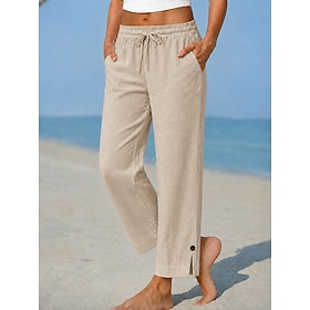 Women's Linen Pants Casual Pants Cropped Pants Chino Full Length Natural Plain Solid Colored Pocket Comfy Comfort Inelastic Vacation Formal Casual Daily Blue W