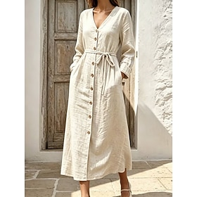 Women's Midi Dress Long Dress Maxi Dress Linen Dresses Shift Dress Elegant Classic Daily Vacation Regular Fit Plain Long Sleeve V Neck Blue White Black Beige S