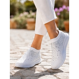 Women's Rainbow Slip-On Sneakers – Colorful Knit Athletic Shoes With Rhinestone…