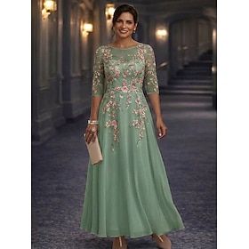 A-Line Floor Length Mother of the Bride Dress 3/4 Length Sleeve Crew Neck Elegant Vintage Floral Formal Wedding Guest Wedding Party Chiffon Lace with 3D Flower
