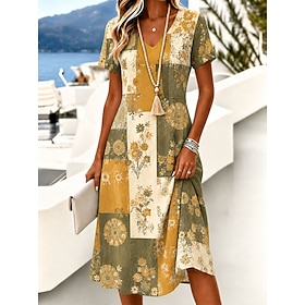 Women's Midi Dress T Shirt Dress Tee Dress A Line Dress Elegant Vacation Tropical Beach Regular Fit Ombre Floral Graphic Short Sleeve V Neck Blue Yellow Pink S