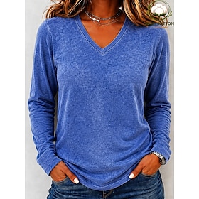 Women's Washed Cotton 100% Cotton Washed Acid Wash Vintage Washed Vintage Fashion Stylish Long Sleeve Raglan Sleeves V Neck Regular Tops Casual Beach Blue Oran