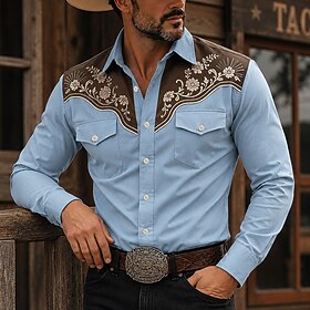 Men's Floral Shirt Western Shirt Cowboy Shirt Long Sleeve Vintage Western Casual Outdoor Spring Fall Turndown Front Two Pockets Linen Like Shirt Button Up Shir