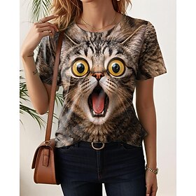 Women's T Shirt Print Graphic Cat Vintage Stylish Modern Short Sleeve Crew Neck Regular Tops Casual Daily Blue Yellow Brown Summer Spring Fall
