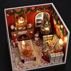 DIY Miniature House Kit Christmas Theme with LED Lights Dust Proof Cover, 3D Wooden Puzzle Dollhouse Model Building Set, Cozy Holiday Room Craft Gift for Adul